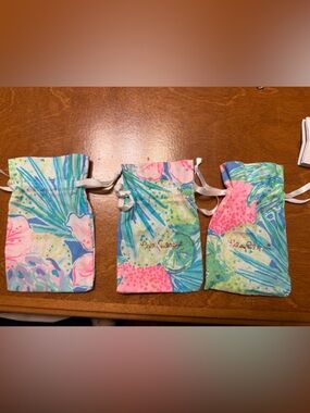 Lilly Pulitzer Pink Green Blue Drawstring Jewelry Pouches - Set of 3